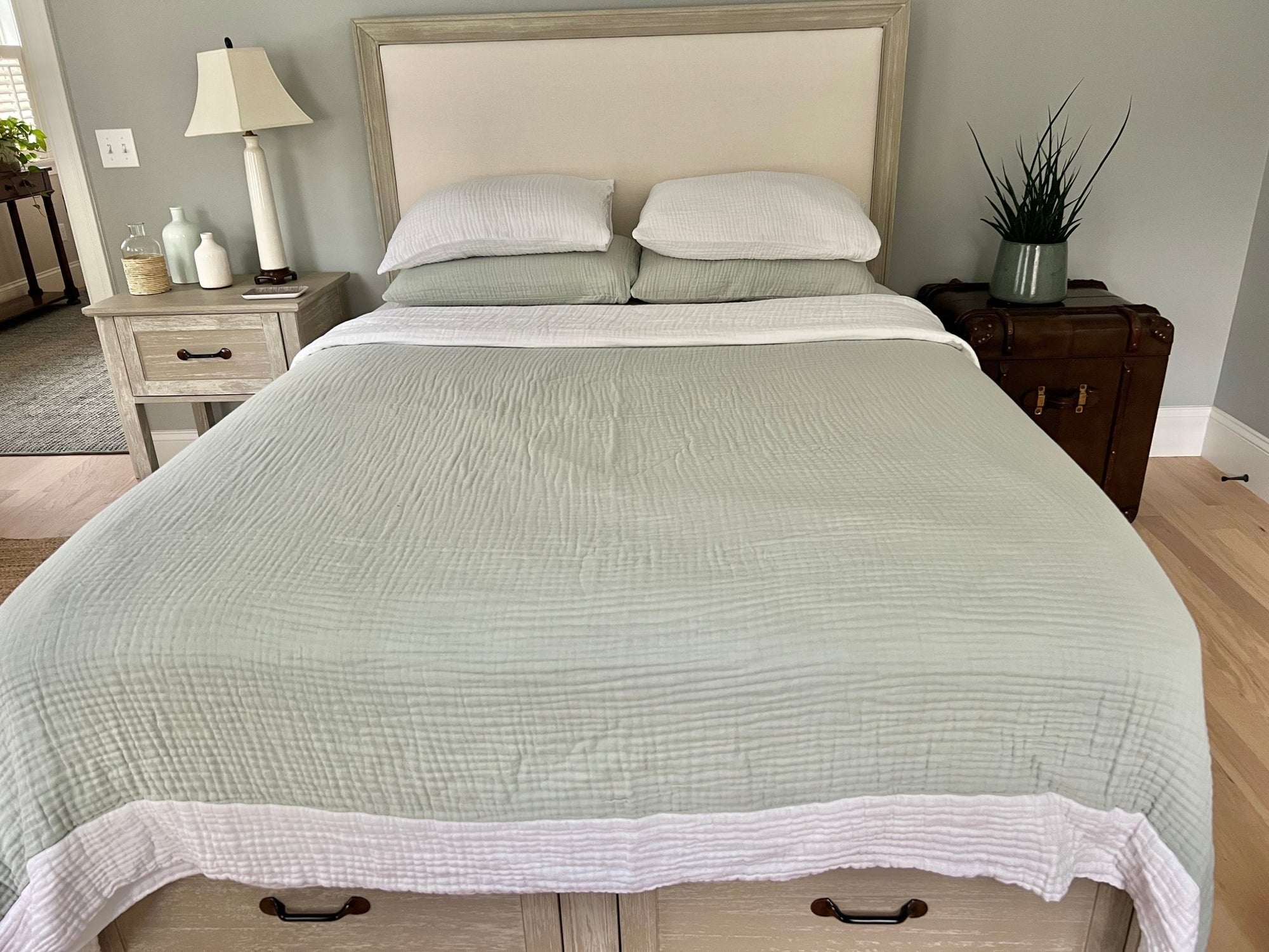 Glacial Sage & Snow Reversible All-Season Organic Muslin King Blanket 8 Layer Cotton Muslin Gray Heron