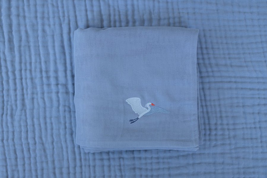 Lake Summer-Weight Organic Muslin Mini Blanket Organic Baby Blanket Gray Heron