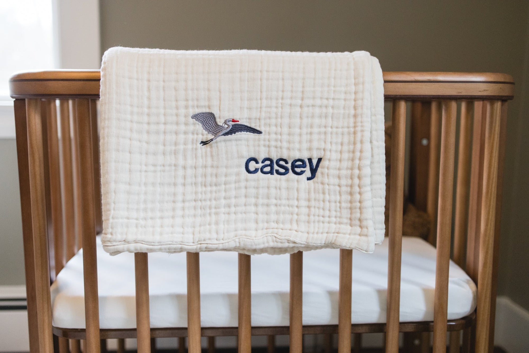 Dye-Free Natural All-Season Organic Muslin Mini Stork Blanket with Monogram Option 8 Layer Muslin Baby Blanket Gray Heron