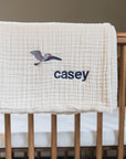 Dye-Free Natural All-Season Organic Muslin Mini Stork Blanket with Monogram Option 8 Layer Muslin Baby Blanket Gray Heron
