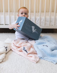 Dye-Free Natural All-Season Organic Muslin Mini Stork Blanket with Monogram Option 8 Layer Muslin Baby Blanket Gray Heron
