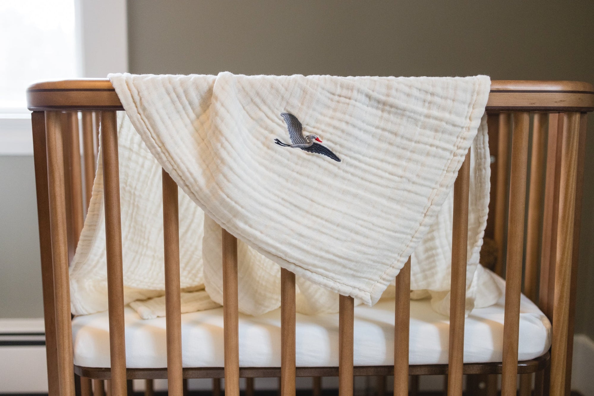 No-Dye, Natural Summer-Weight GOTS Organic Muslin Mini Stork Blanket Monogram Option Organic Baby Blanket Gray Heron