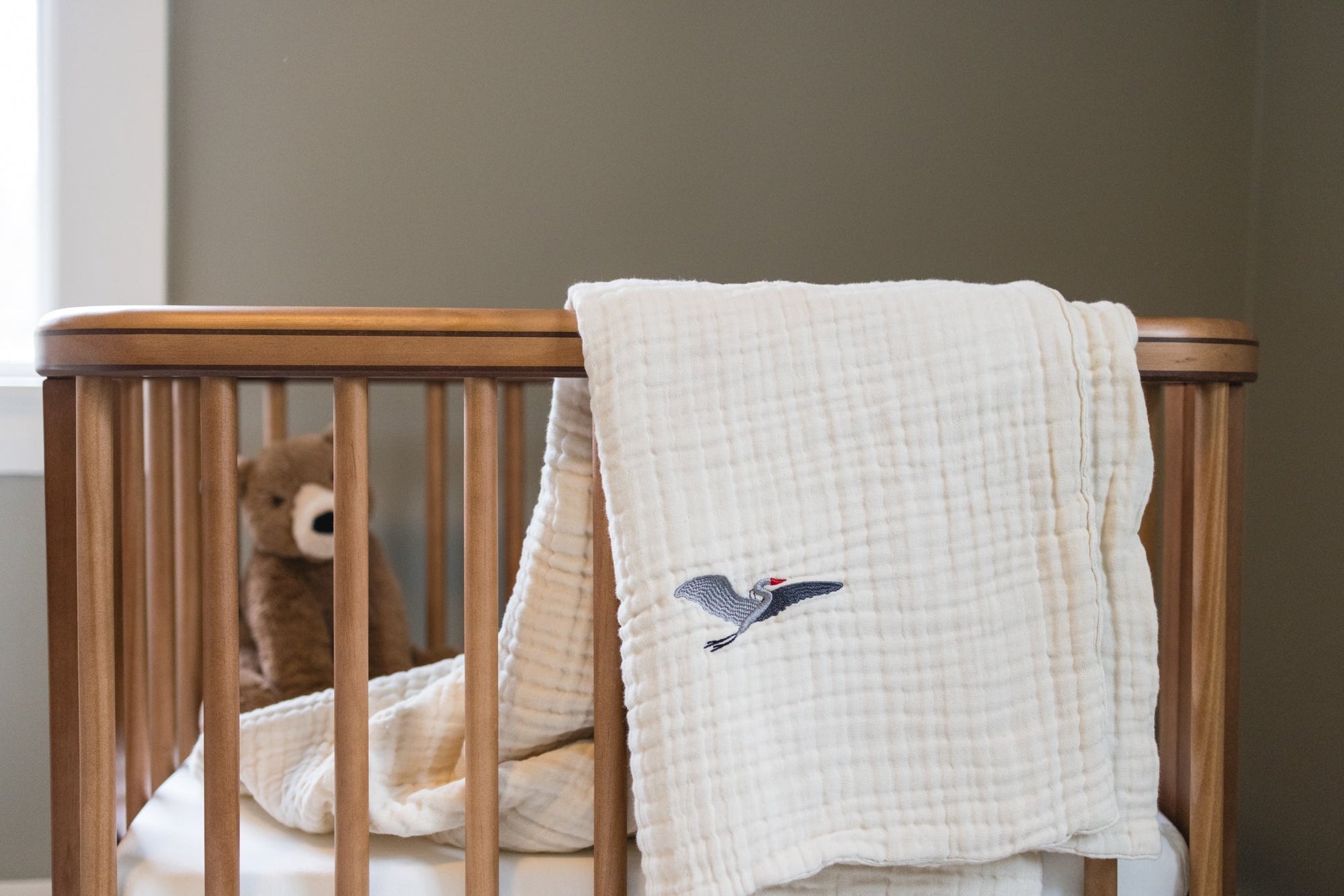 Petal All-Season Organic Muslin Mini Stork Blanket with Monogram Option 8 Layer Muslin Baby Blanket Gray Heron
