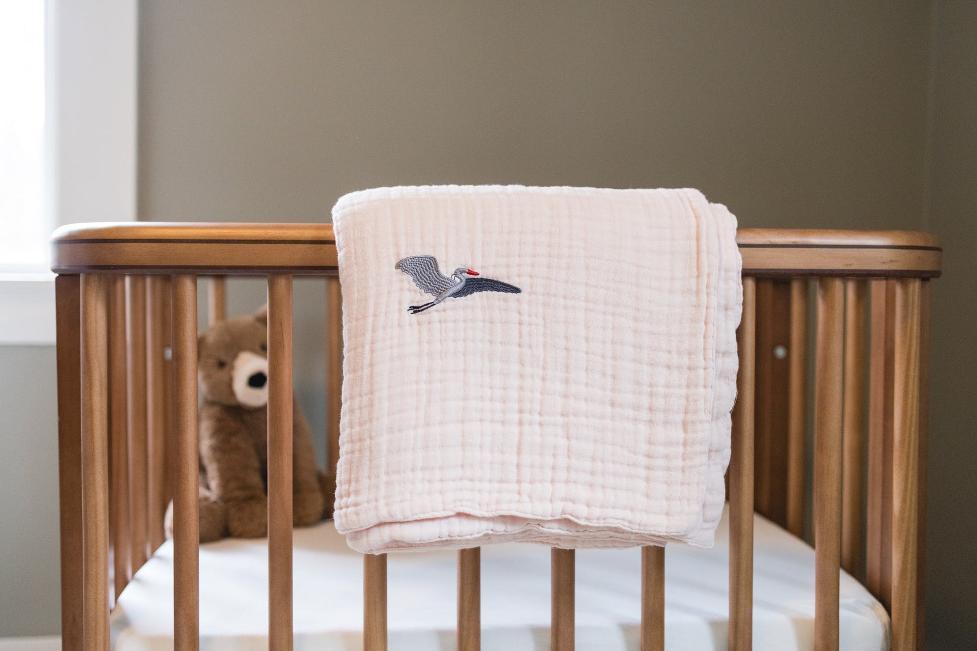 Petal All-Season Organic Muslin Mini Stork Blanket with Monogram Option 8 Layer Muslin Baby Blanket Gray Heron