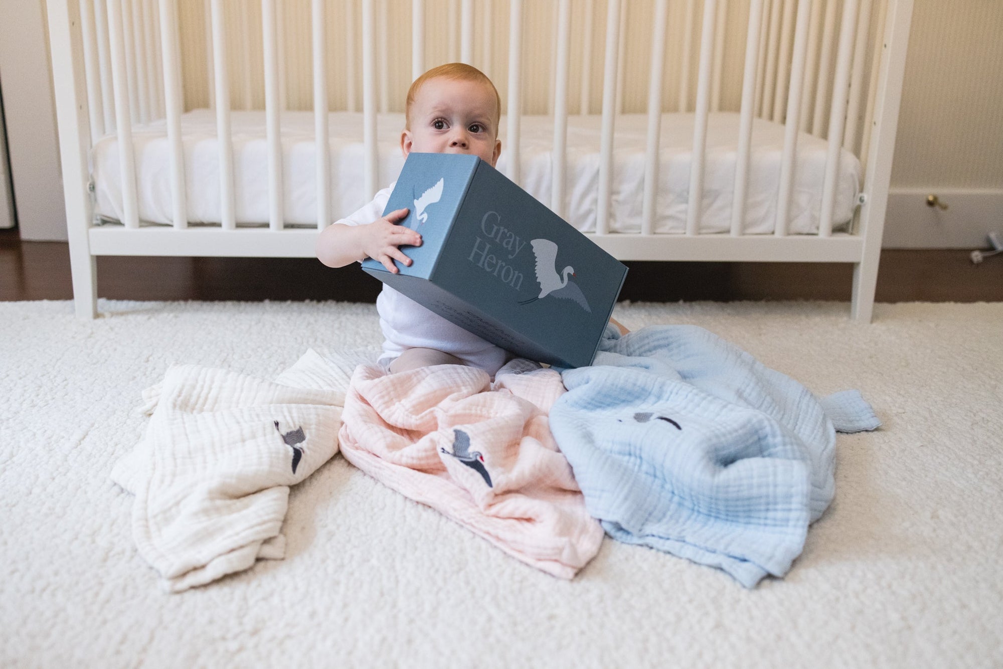Petal All-Season Organic Muslin Mini Stork Blanket with Monogram Option 8 Layer Muslin Baby Blanket Gray Heron