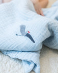 Sky All-Season Organic Muslin Mini Stork Blanket with Monogram Option 8 Layer Muslin Baby Blanket Gray Heron
