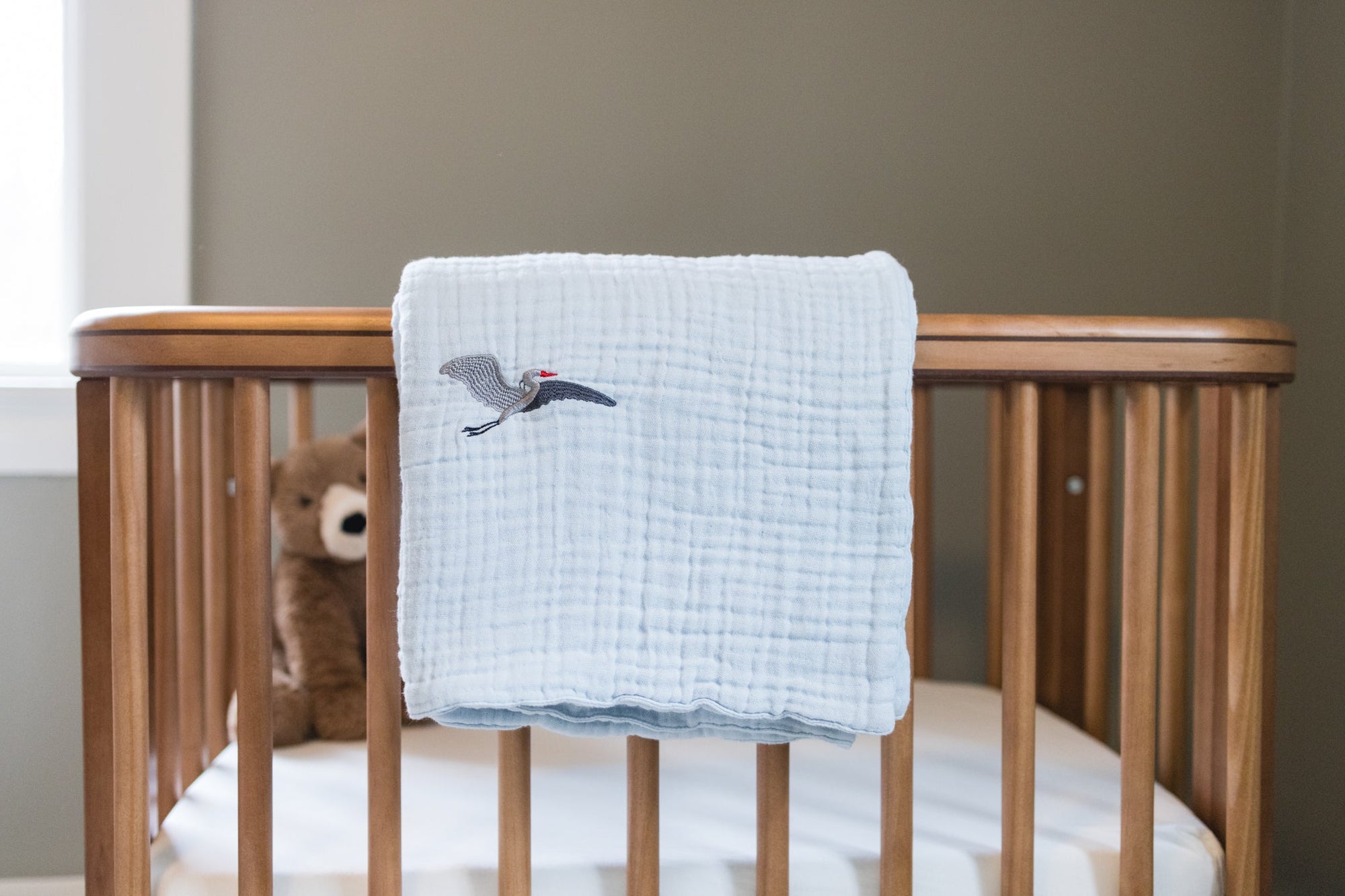 Sky All-Season Organic Muslin Mini Stork Blanket with Monogram Option 8 Layer Muslin Baby Blanket Gray Heron