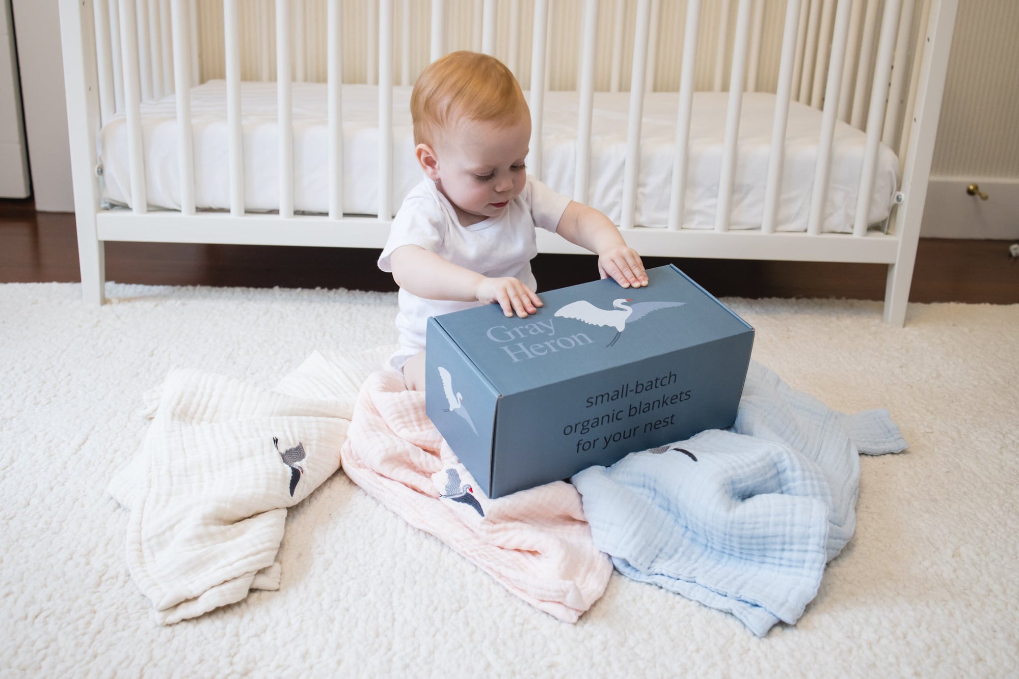 Sky Summer-Weight Organic Muslin Mini Stork Blanket with Monogram Option Organic Baby Blanket Gray Heron