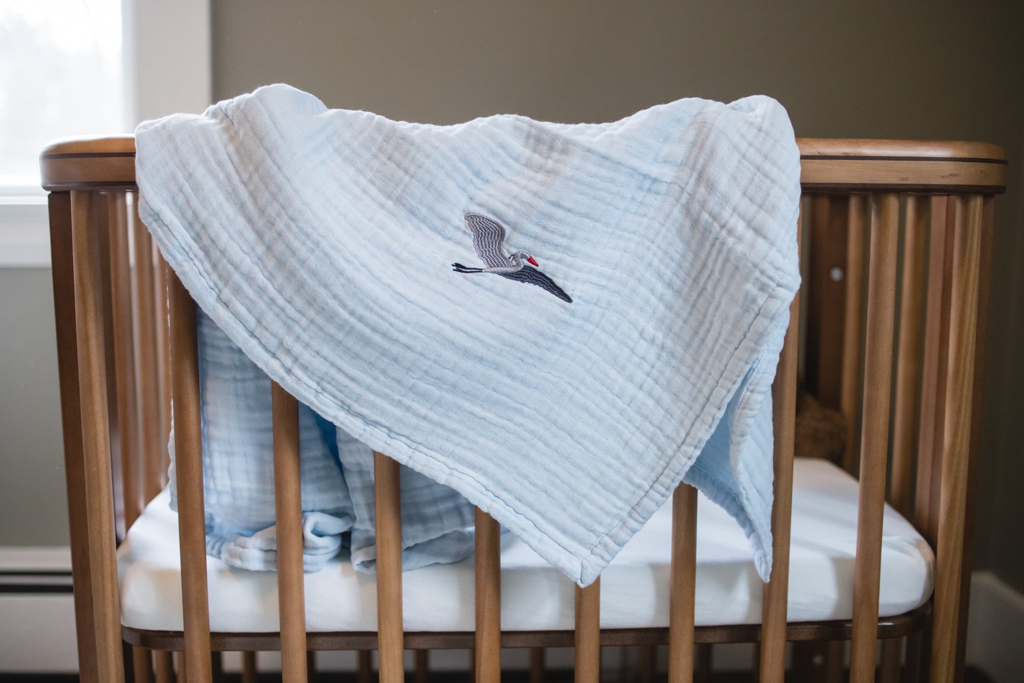 Sky Summer-Weight Organic Muslin Mini Stork Blanket with Monogram Option Organic Baby Blanket Gray Heron