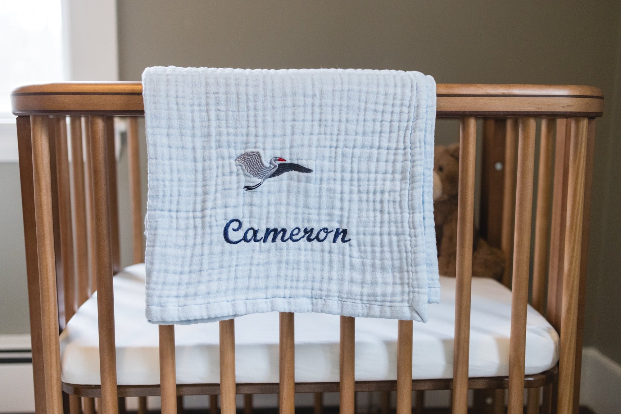 Sky Summer-Weight Organic Muslin Mini Stork Blanket with Monogram Option Organic Baby Blanket Gray Heron
