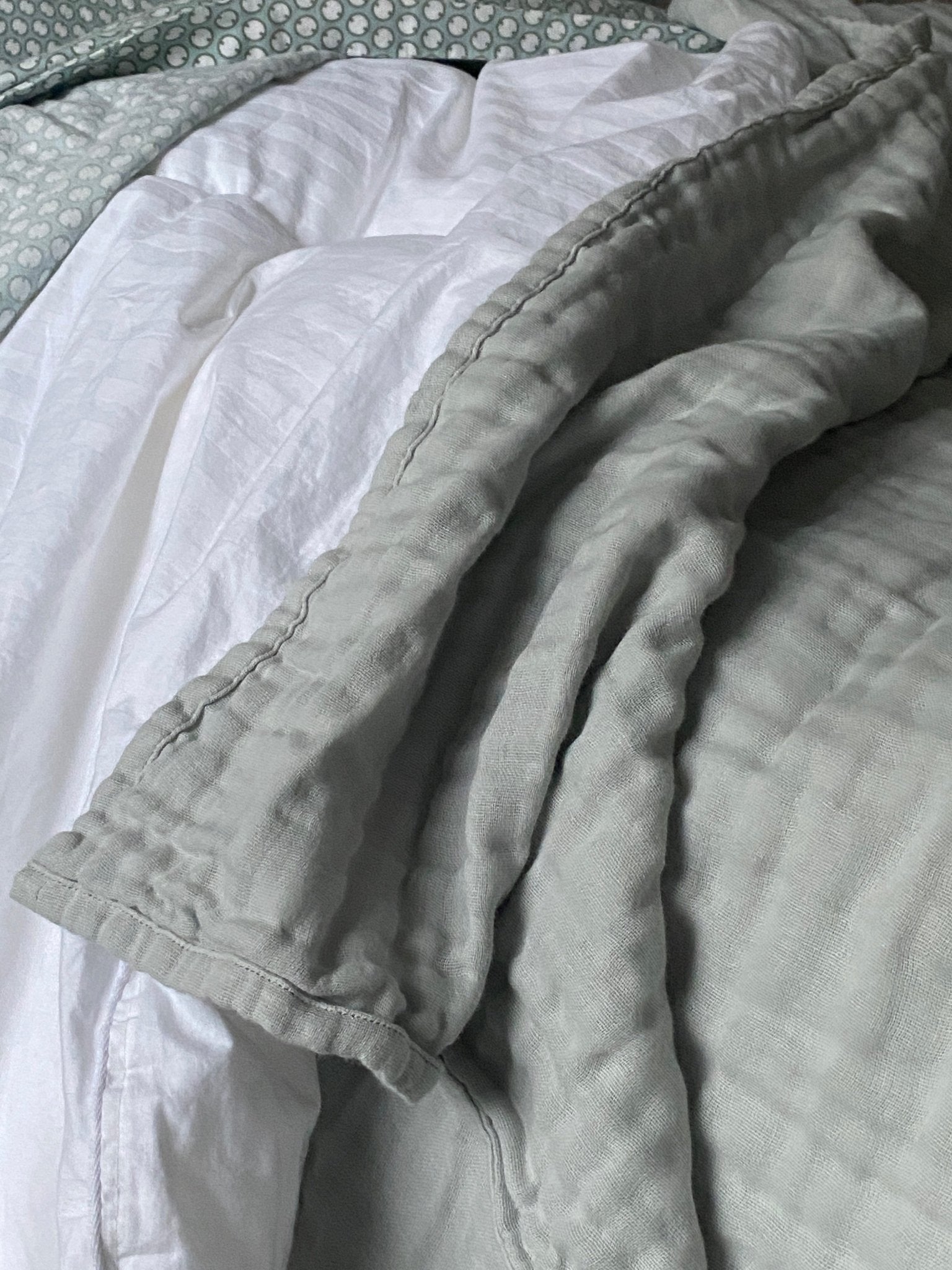 Summer-Weight Organic Gauze Full/ Queen Muslin Blanket in Glacial Sage Organic Cotton Muslin Blanket Gray Heron