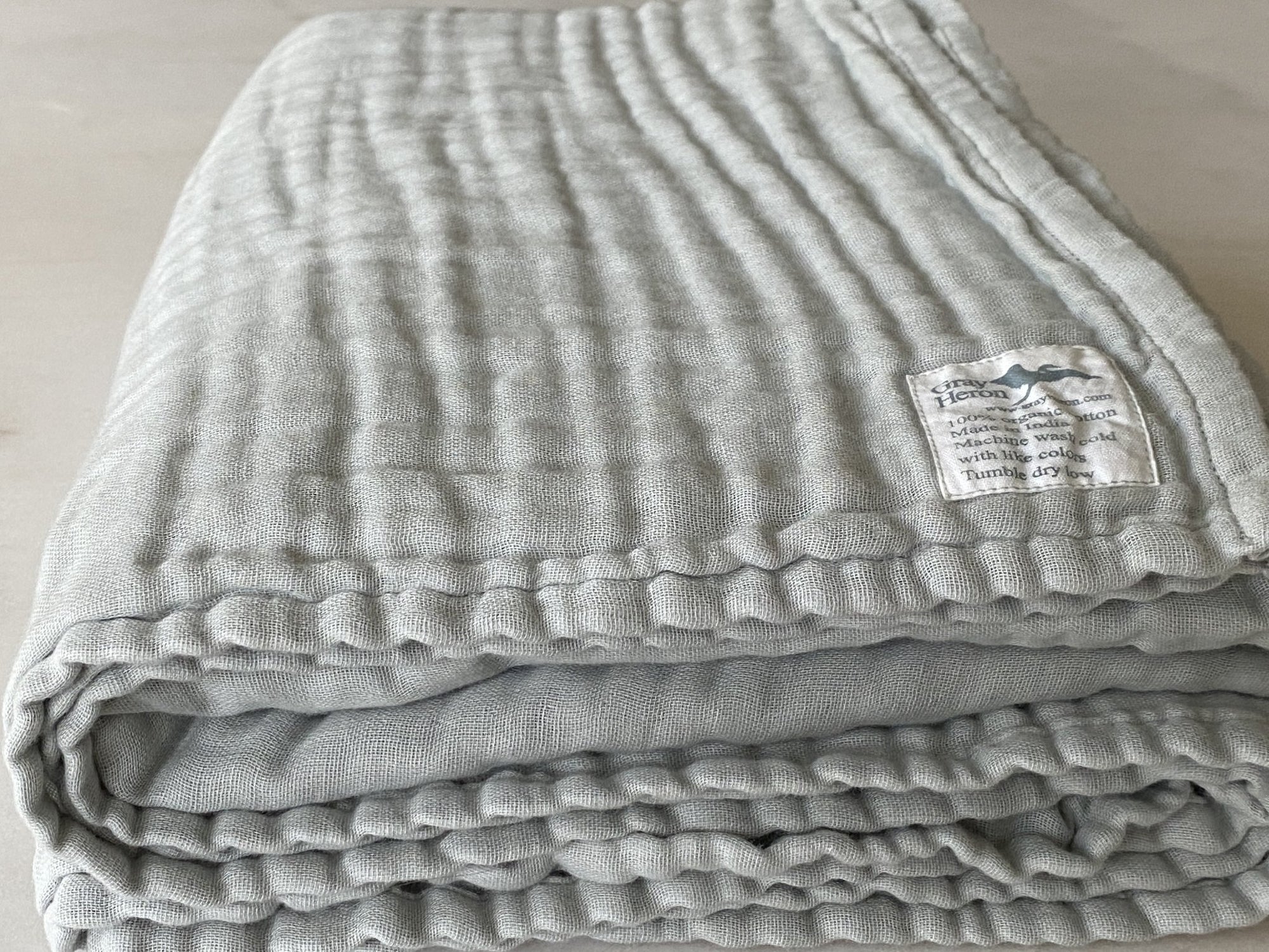 Summer-Weight Organic Gauze Full/ Queen Muslin Blanket in Glacial Sage Organic Cotton Muslin Blanket Gray Heron