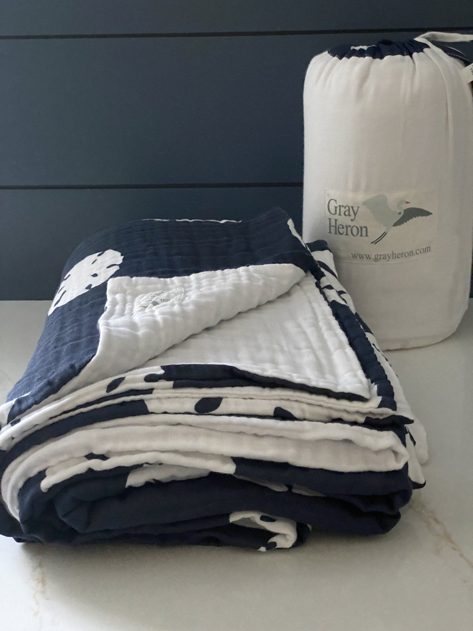 Navy Sand Dollar with Snow Border Queen Adult Organic Cotton Muslin Blanket Gray Heron Blankets