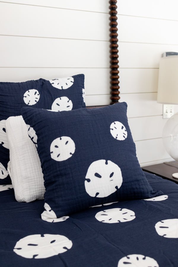 Navy Sand Dollar with Snow Border Queen Sale Adult Organic Cotton Muslin Blanket Gray Heron Blankets