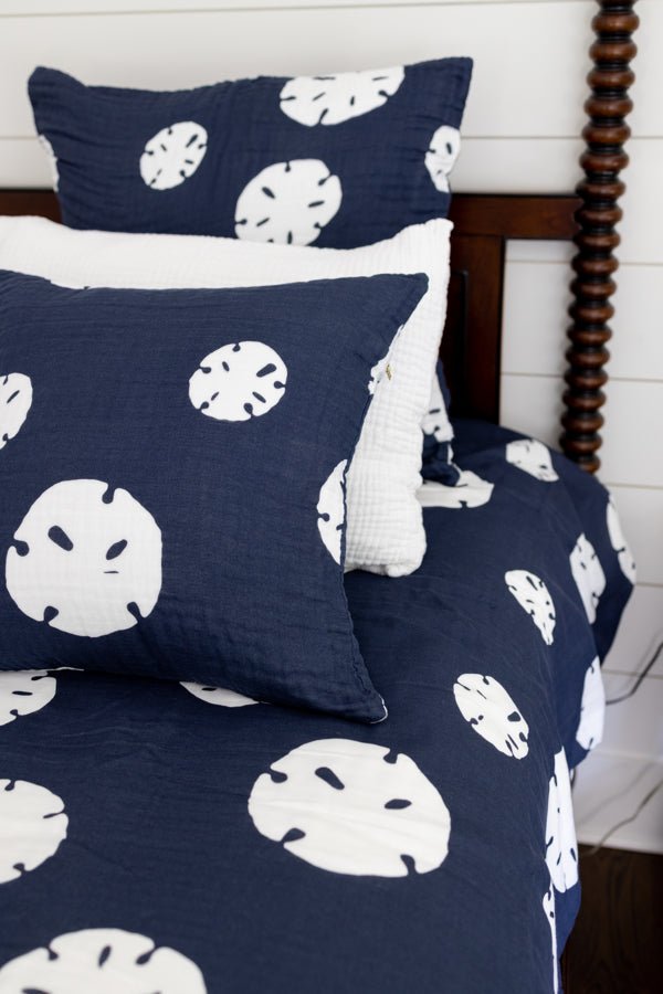 Navy Sand Dollar with Snow Border Queen Sale Adult Organic Cotton Muslin Blanket Gray Heron Blankets