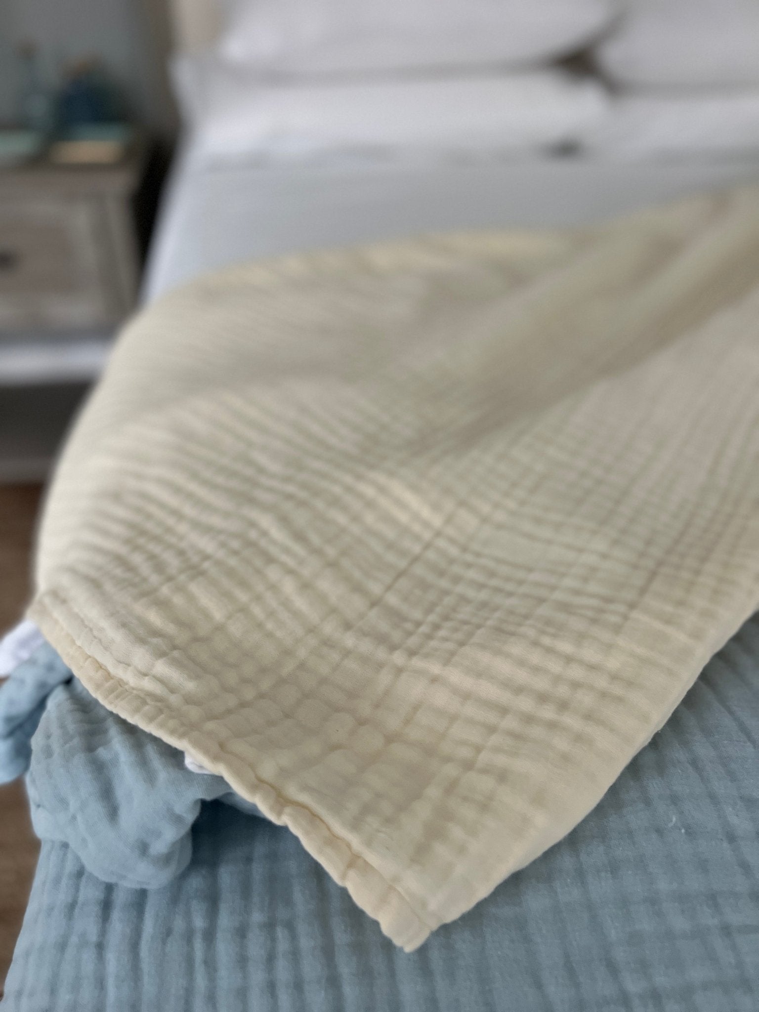 Summer-Weight Organic Gauze Full/Queen Blanket in Butter Cream Queen Muslin Blanket Gray Heron