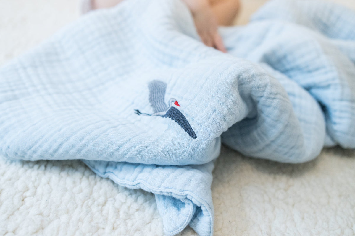 Organic Muslin All-Season Stork Blanket – Sky Blue 8 Layer Muslin Baby Blanket Gray Heron