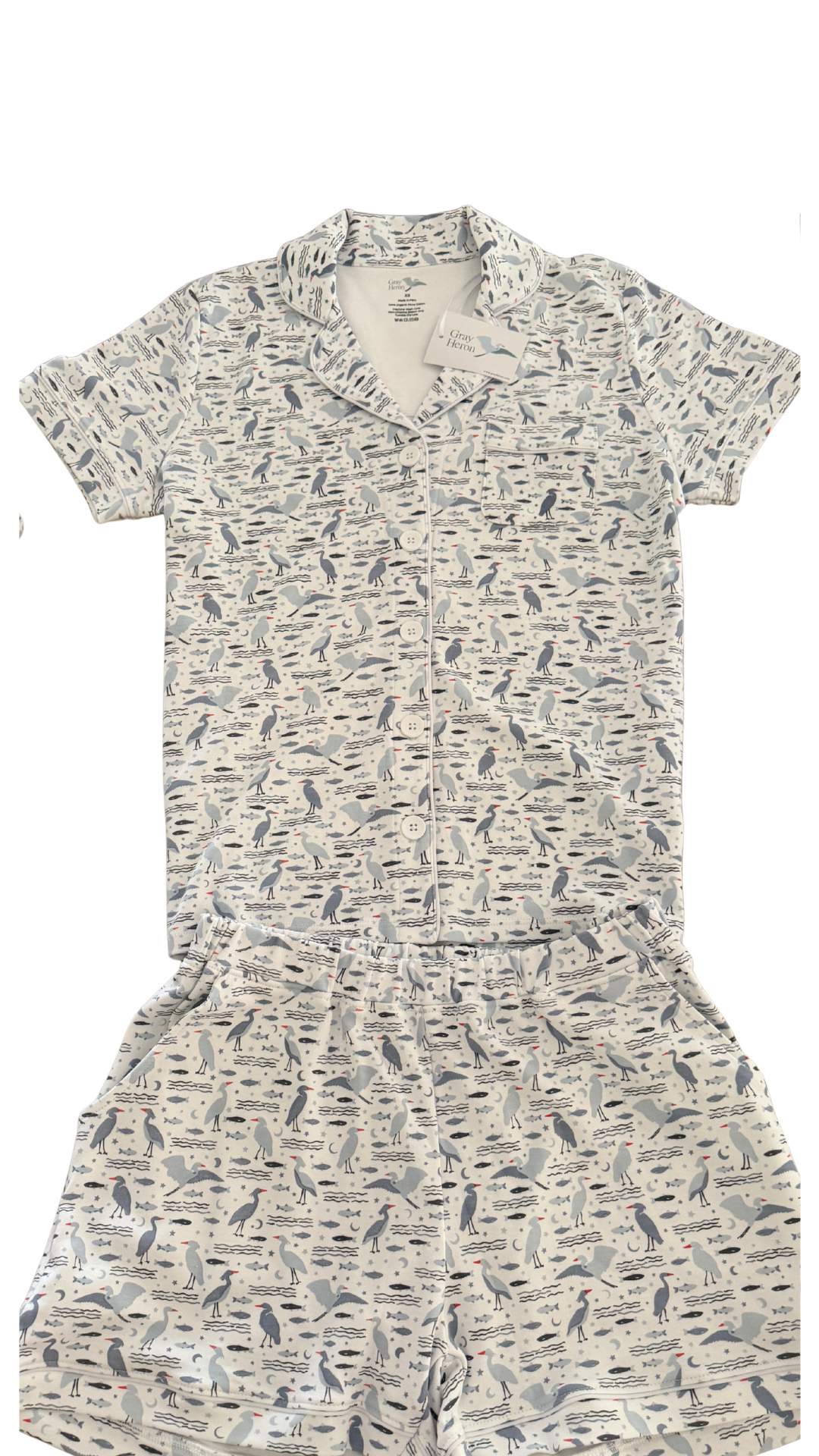 Organic Pima Cotton Shortie Pajamas - Happy Heron Print Gray Heron