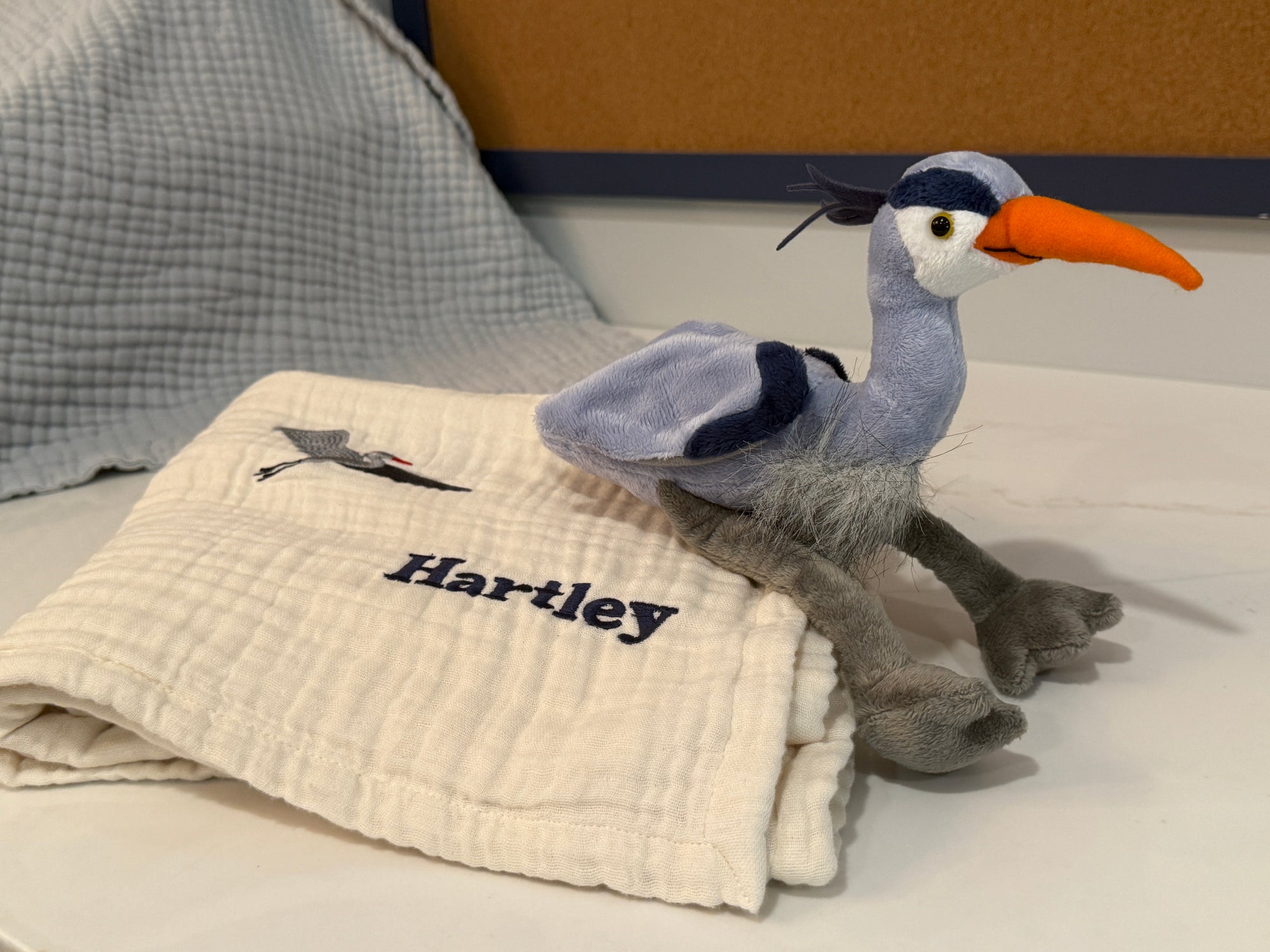 No-Dye, Natural Summer-Weight GOTS Organic Muslin Mini Stork Blanket Monogram Option Organic Baby Blanket Gray Heron