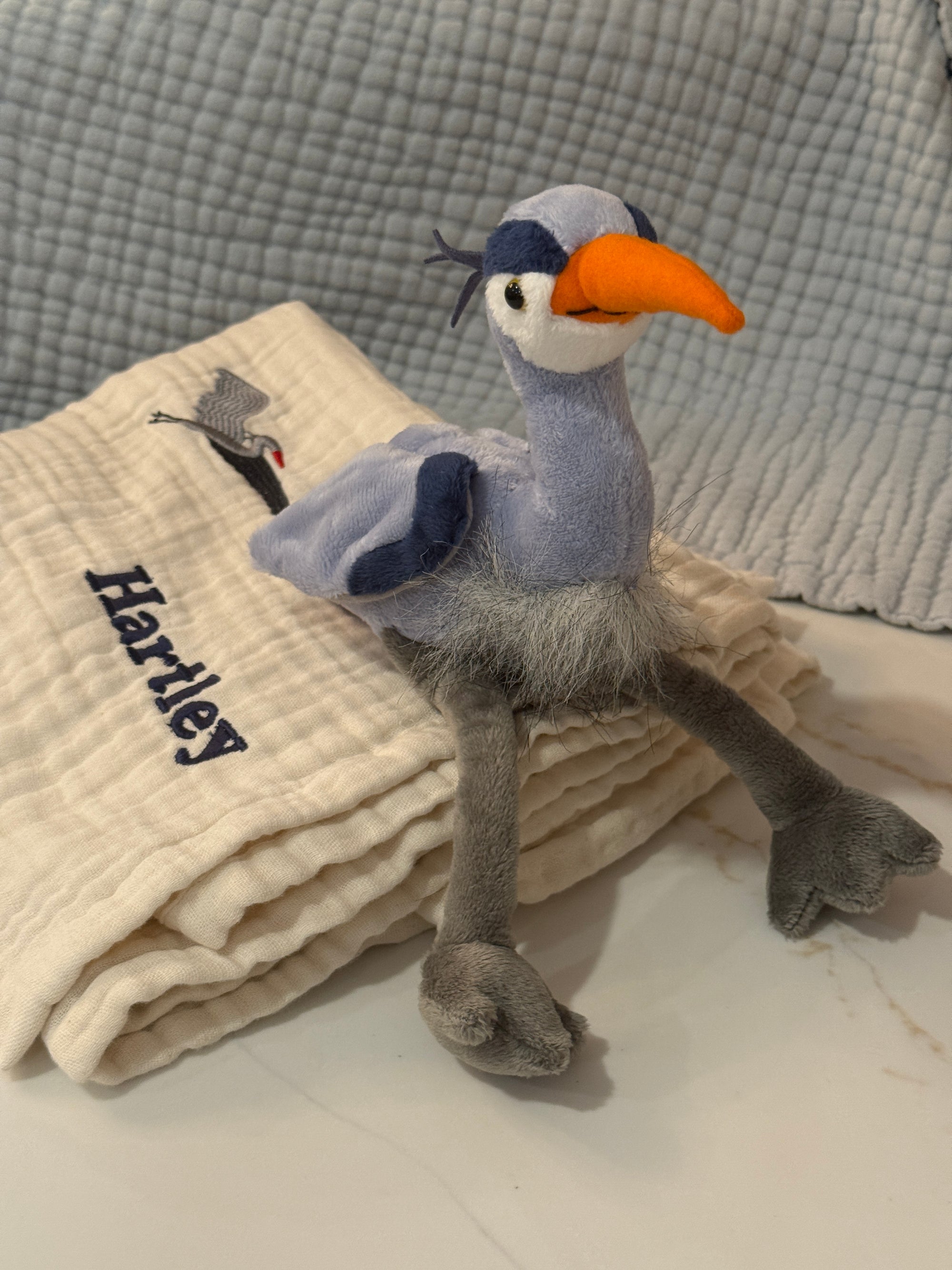 Petal Summer-Weight Organic Muslin Mini Stork Blanket with Monogram Option Organic Baby Blanket Gray Heron