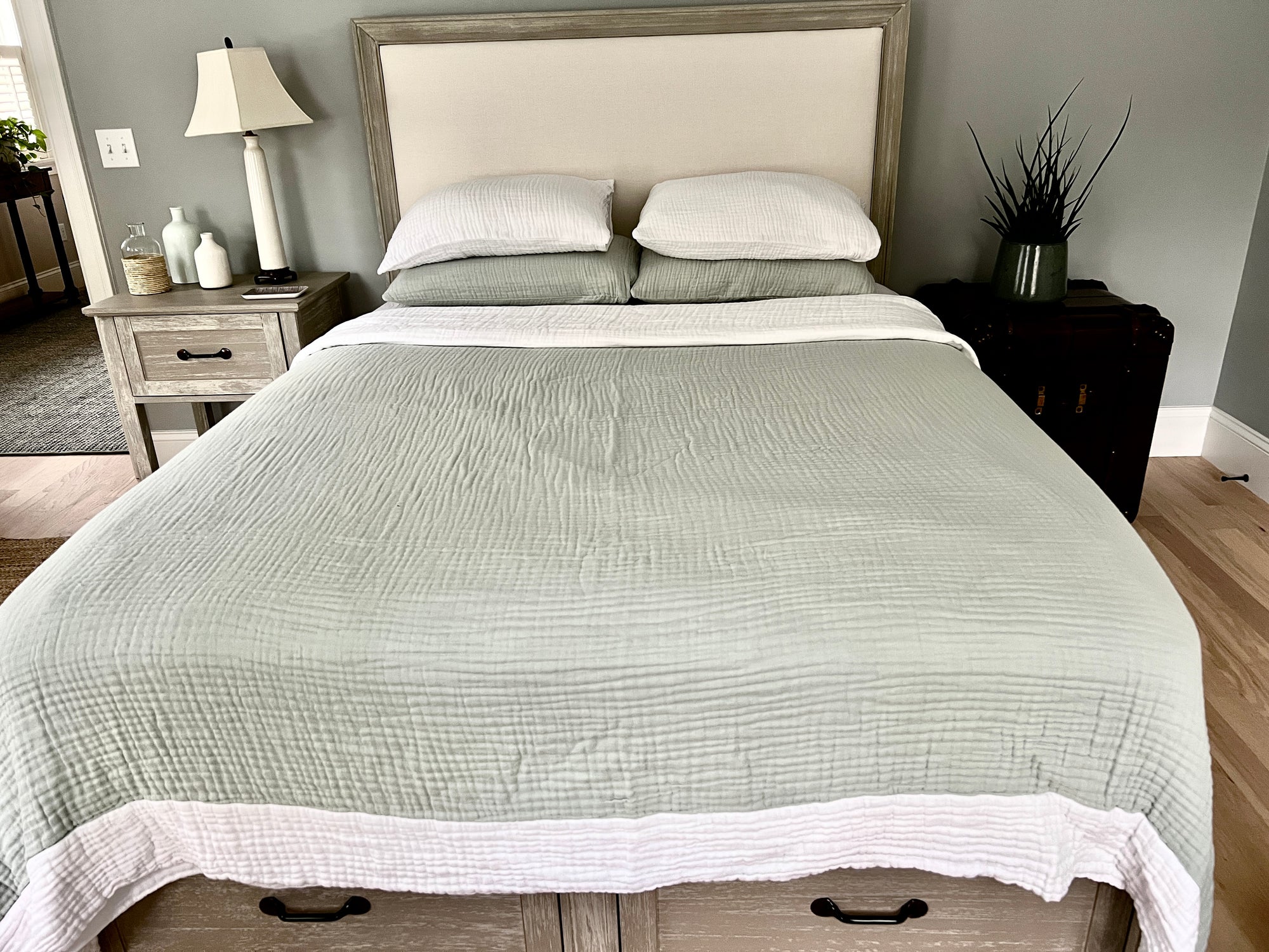 Organic Muslin Queen Blanket, All-Season-Glacial Sage w/Snow Border Adult Organic Muslin Blanket Gray Heron
