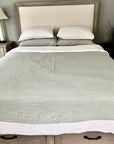 Organic Muslin All-Season Queen Blanket – Glacial Sage w/Snow Border Adult Organic Muslin Blanket Gray Heron