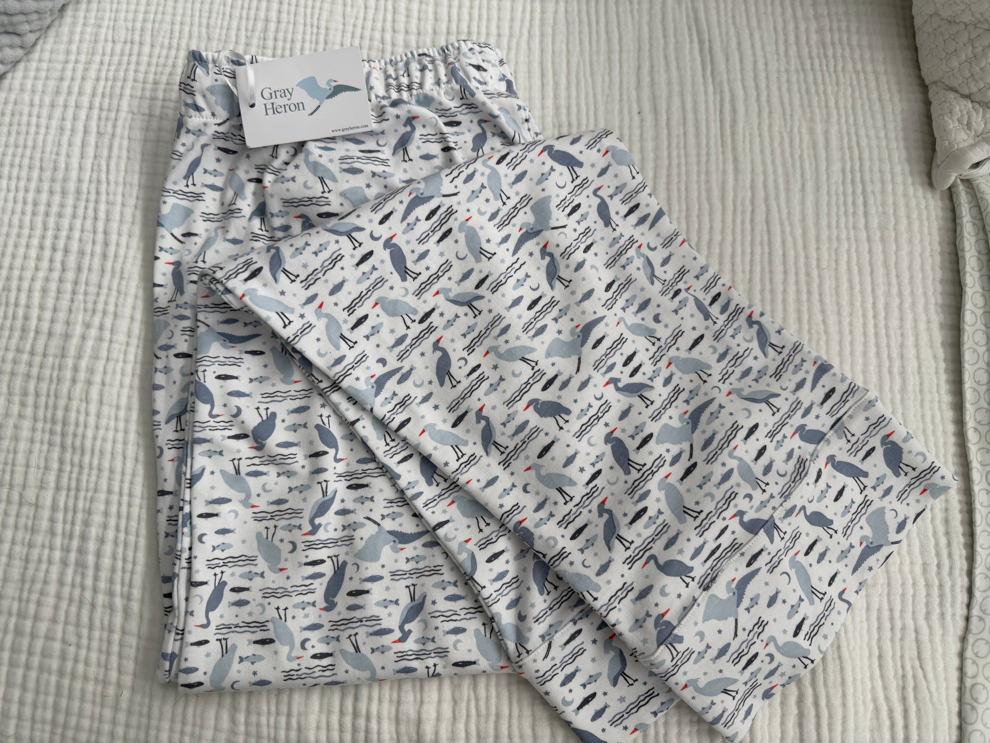 Men's Organic Pima Cotton Pajama Pants - Happy Heron Print Gray Heron