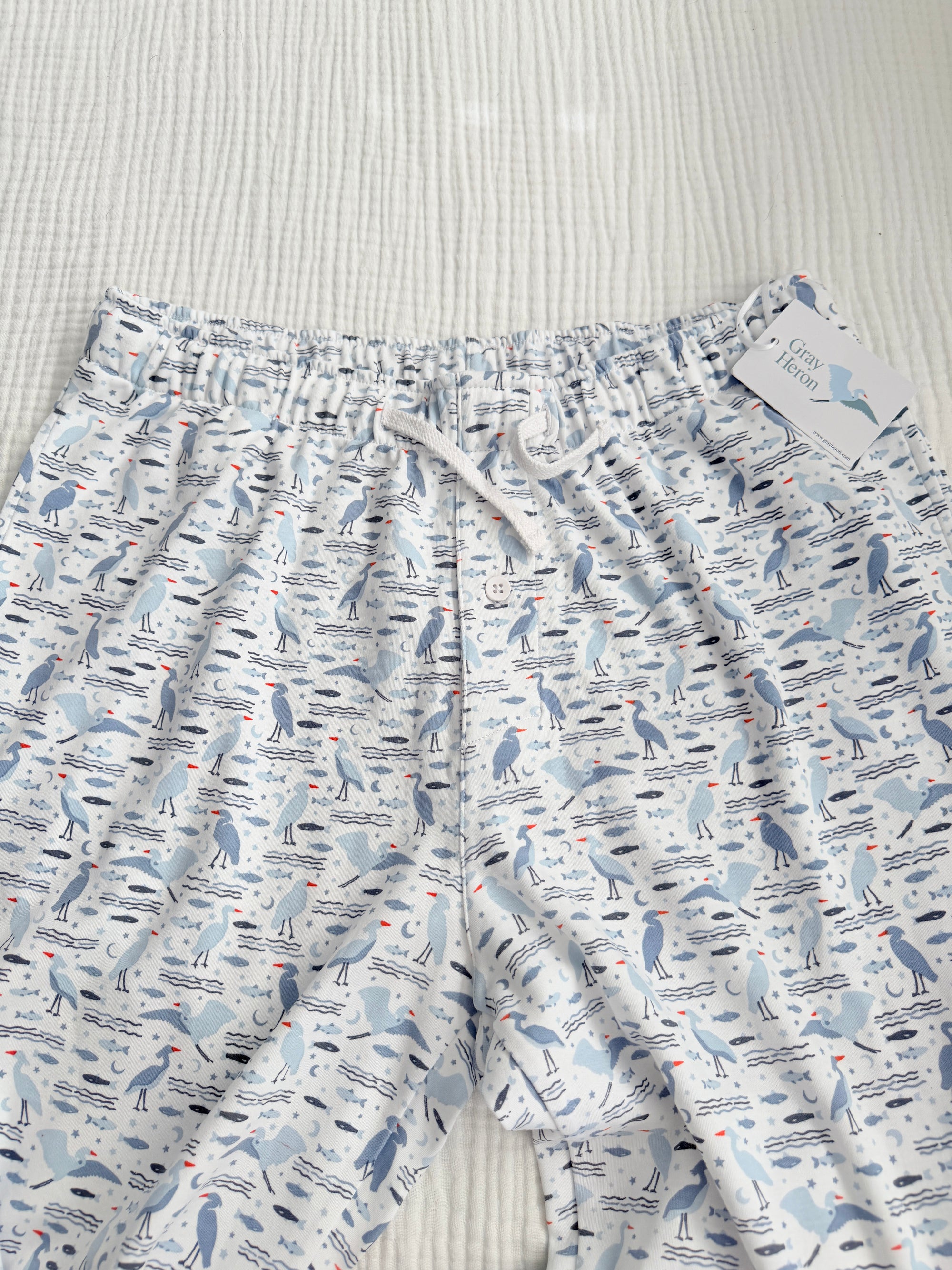Men's Organic Pima Cotton Pajama Pants - Happy Heron Print Gray Heron