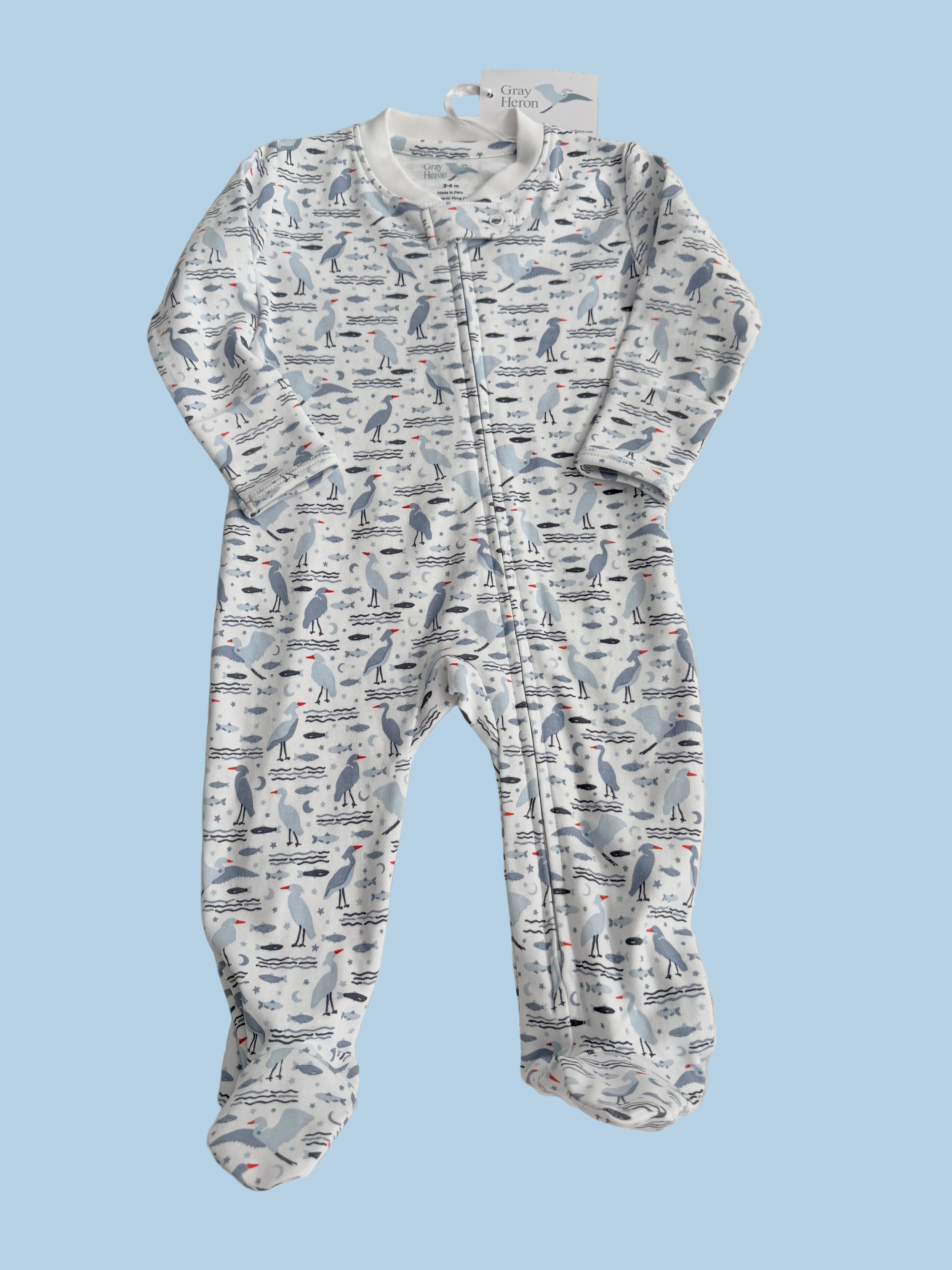 Organic Pima Baby Footie Pajamas - Happy Heron Print Organic Pajamas Gray Heron
