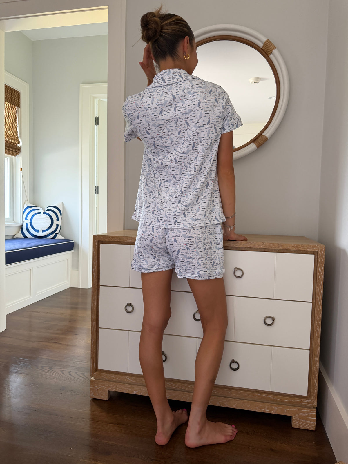 Women's Organic Pima Cotton Shortie Pajamas – Happy Heron Print Gray Heron