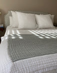 Organic Muslin All-Season Queen Blanket – Glacial Sage w/Snow Border Adult Organic Muslin Blanket Gray Heron