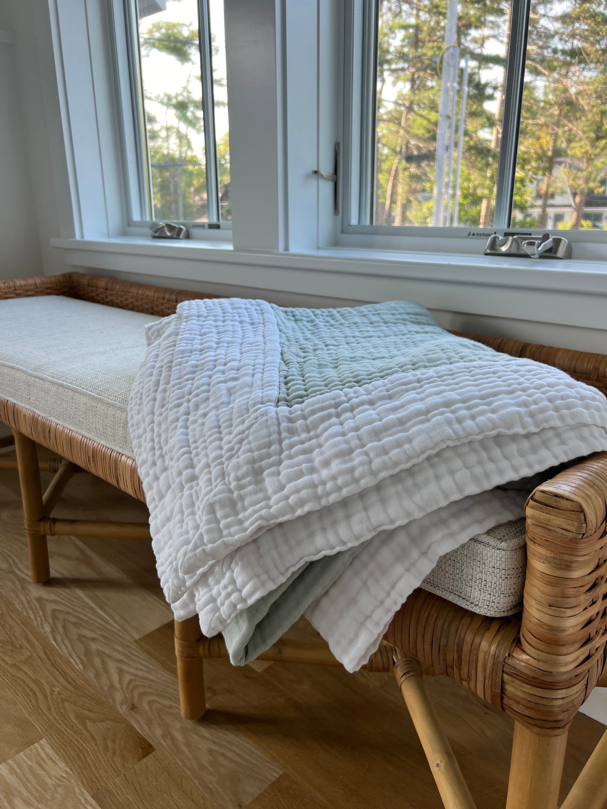 Organic Muslin Queen Blanket, All-Season-Glacial Sage w/Snow Border Adult Organic Muslin Blanket Gray Heron