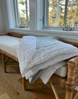 Organic Muslin All-Season Queen Blanket – Glacial Sage w/Snow Border Adult Organic Muslin Blanket Gray Heron