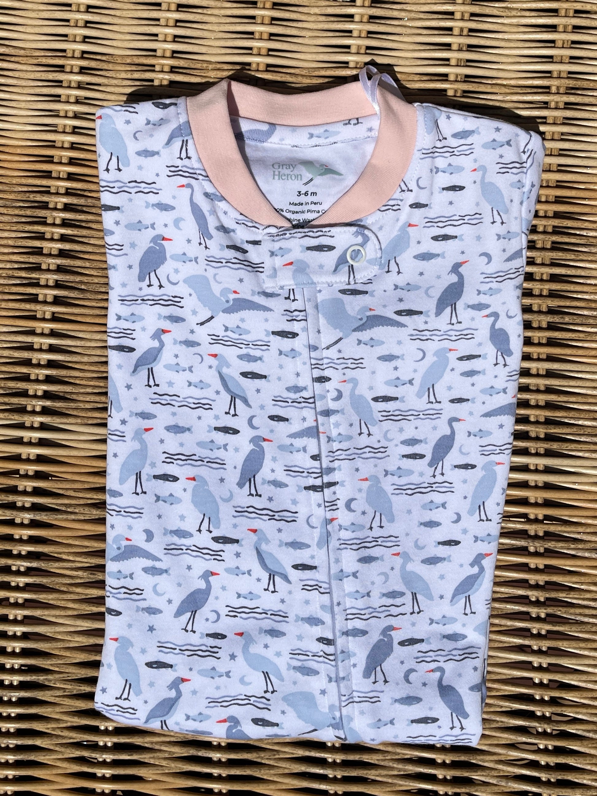Organic Pima Baby Footie Pajamas - Happy Heron Print Organic Pajamas Gray Heron 0-3 months Petal