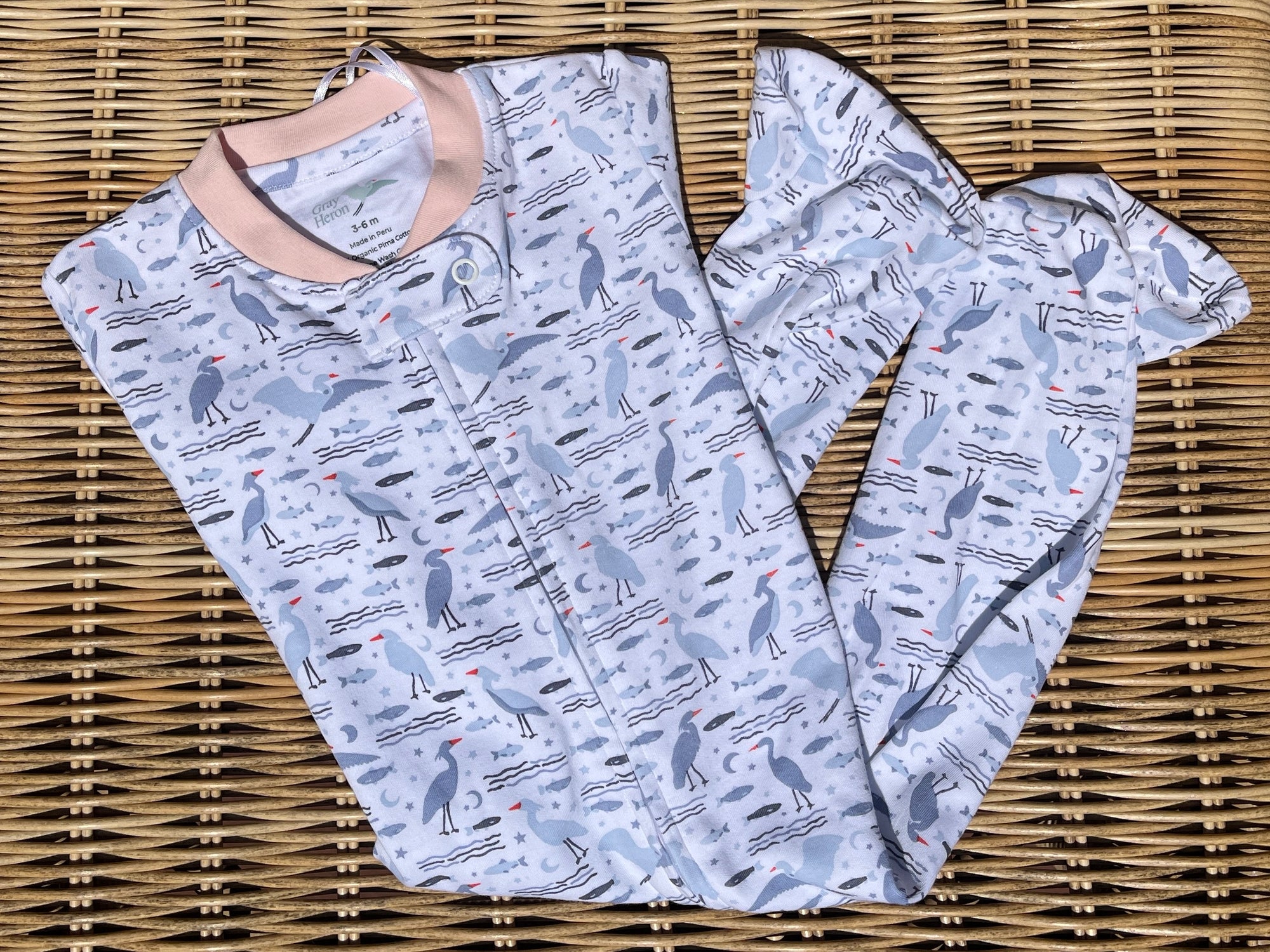 Organic Pima Baby Footie Pajamas - Happy Heron Print Organic Pajamas Gray Heron