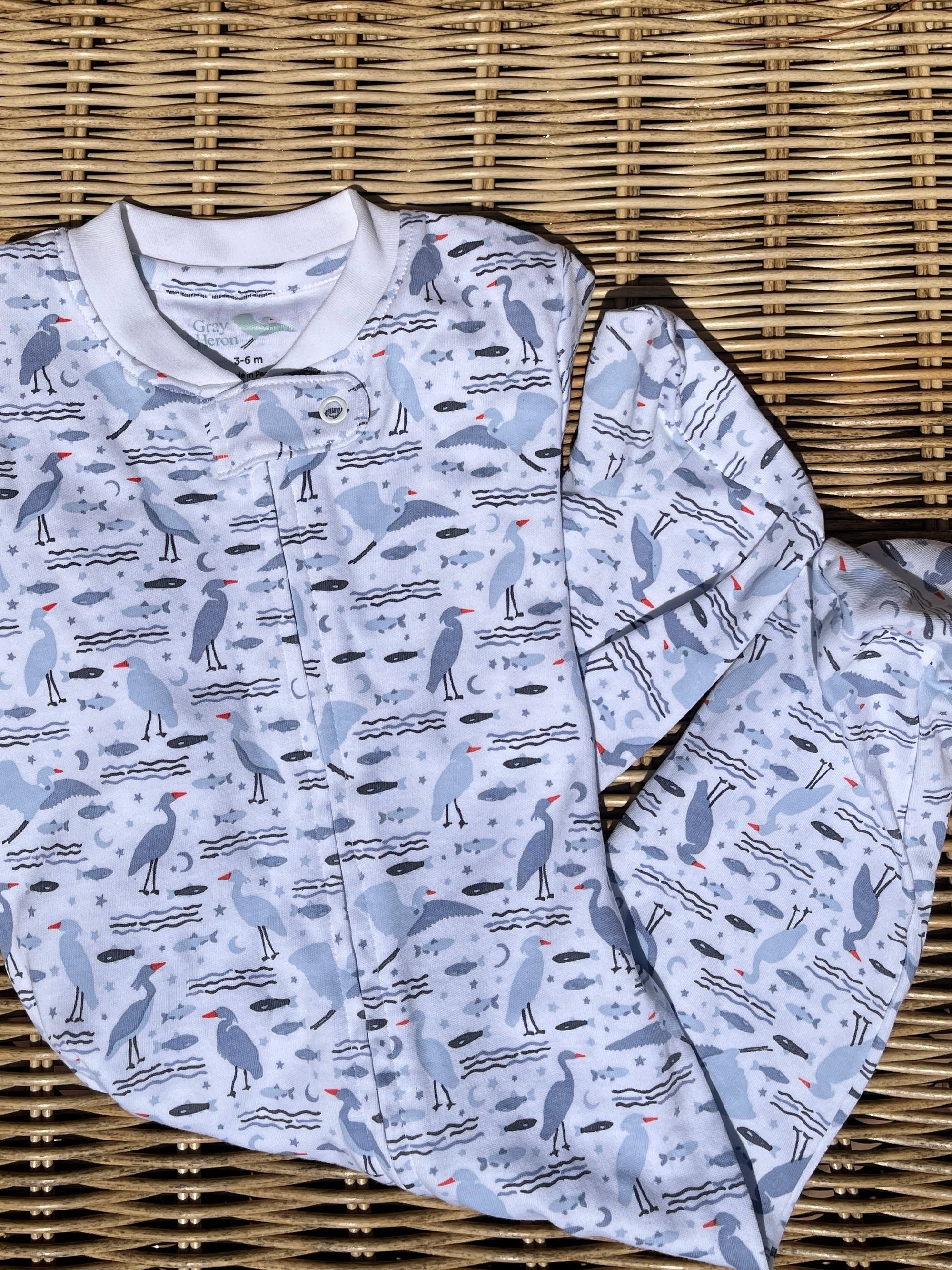 Organic Pima Baby Footie Pajamas - Happy Heron Print Organic Pajamas Gray Heron
