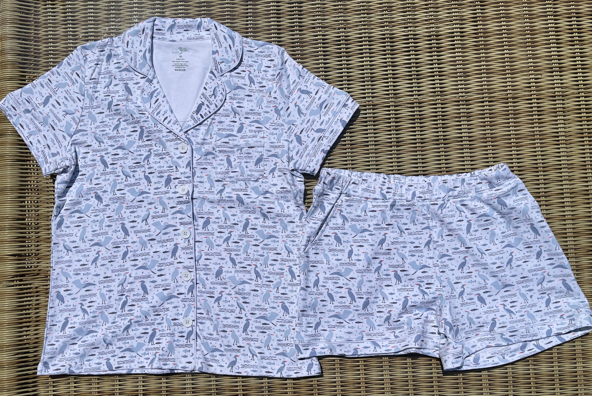 Women's Organic Pima Cotton Shortie Pajamas - Happy Heron Print Gray Heron S