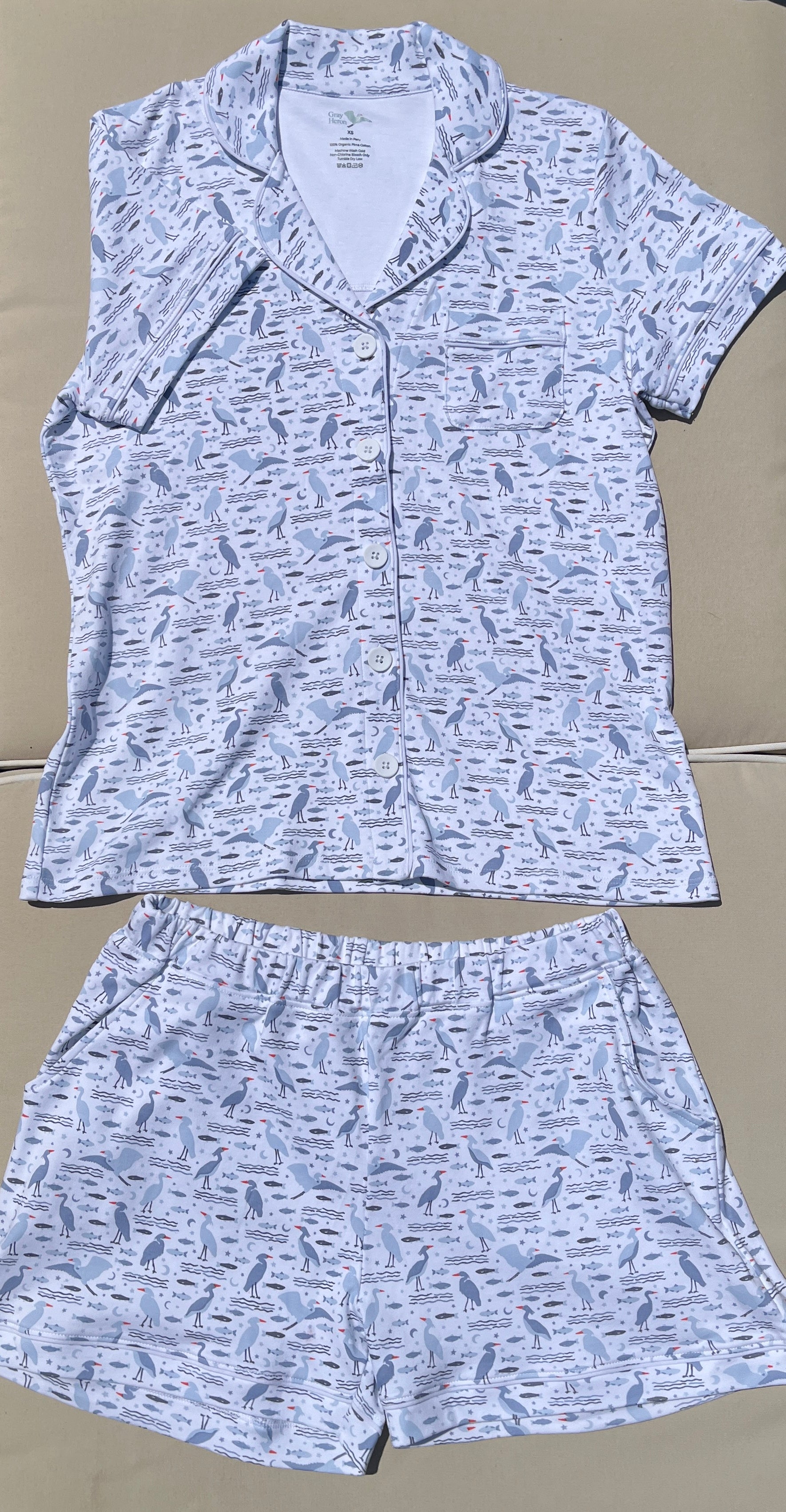Women's Organic Pima Cotton Shortie Pajamas - Happy Heron Print Gray Heron XS