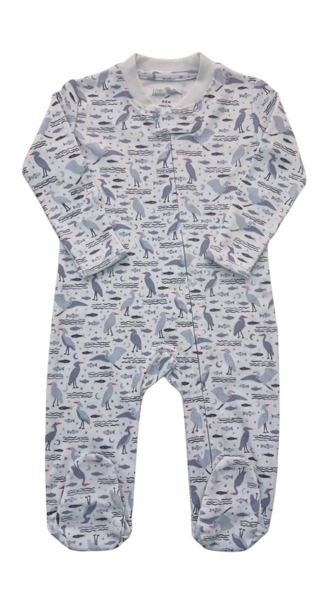 Organic Pima Baby Footie Pajamas - Happy Heron Print Organic Pajamas Gray Heron