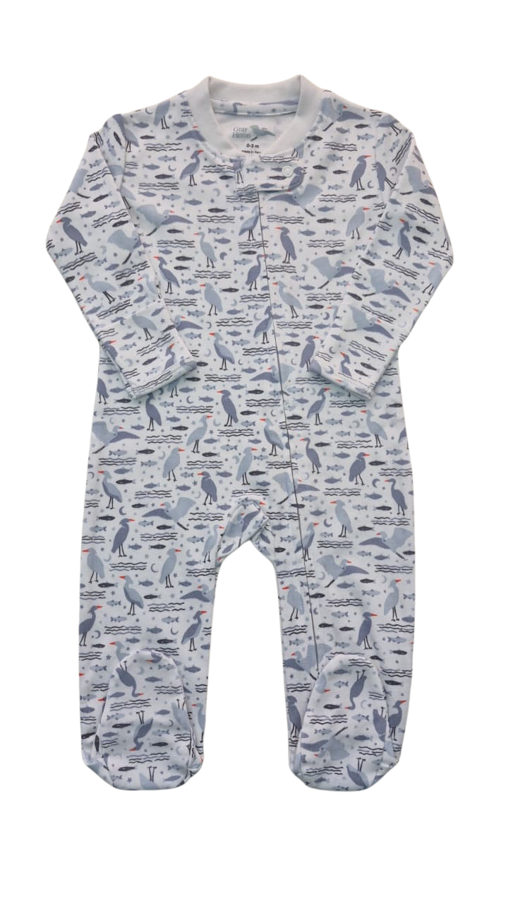 Organic Pima Baby Footie Pajamas - Happy Heron Print Organic Pajamas Gray Heron