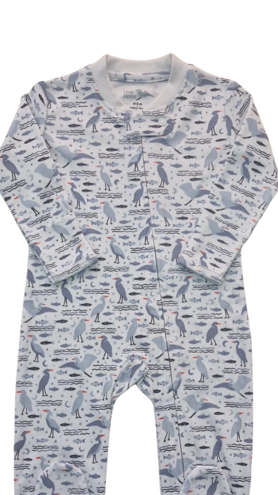 Organic Pima Baby Footie Pajamas - Happy Heron Print Organic Pajamas Gray Heron