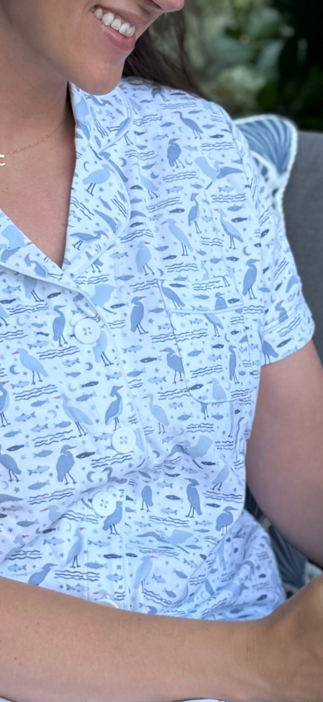 Women's Organic Pima Cotton Shortie Pajamas – Happy Heron Print Gray Heron