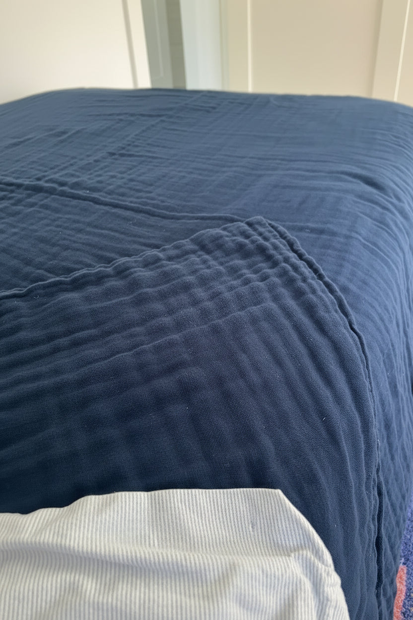 Organic Muslin All-Season Oversized Throw/Twin Blanket – Chatham Blue with Self-Border 8 Layer Cotton Muslin Oversized Throw Gray Heron