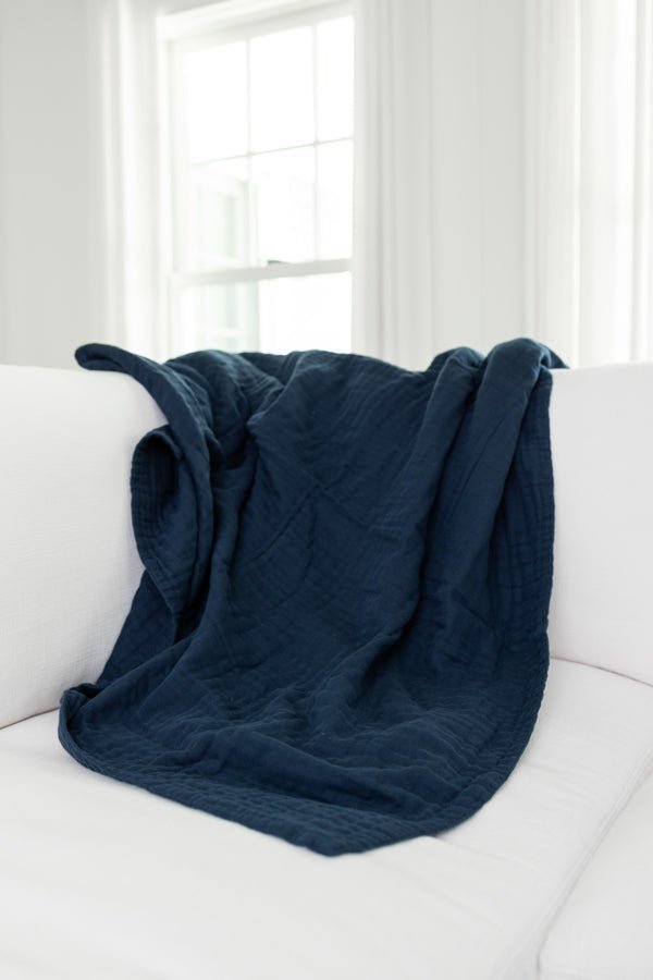 Navy Summer - Weight Organic Muslin Oversized Throw Blanket - Gray Heron