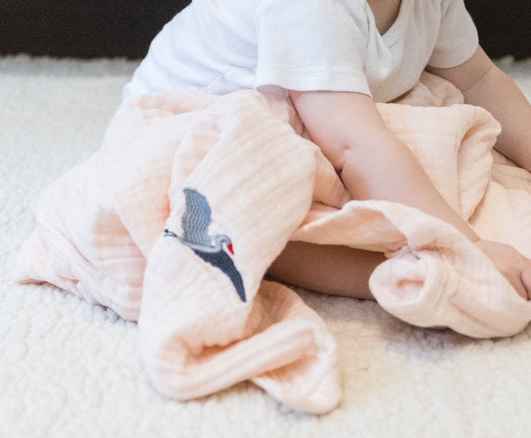 Organic Muslin All-Season Stork Blanket – Petal Pink 8 Layer Muslin Baby Blanket Gray Heron