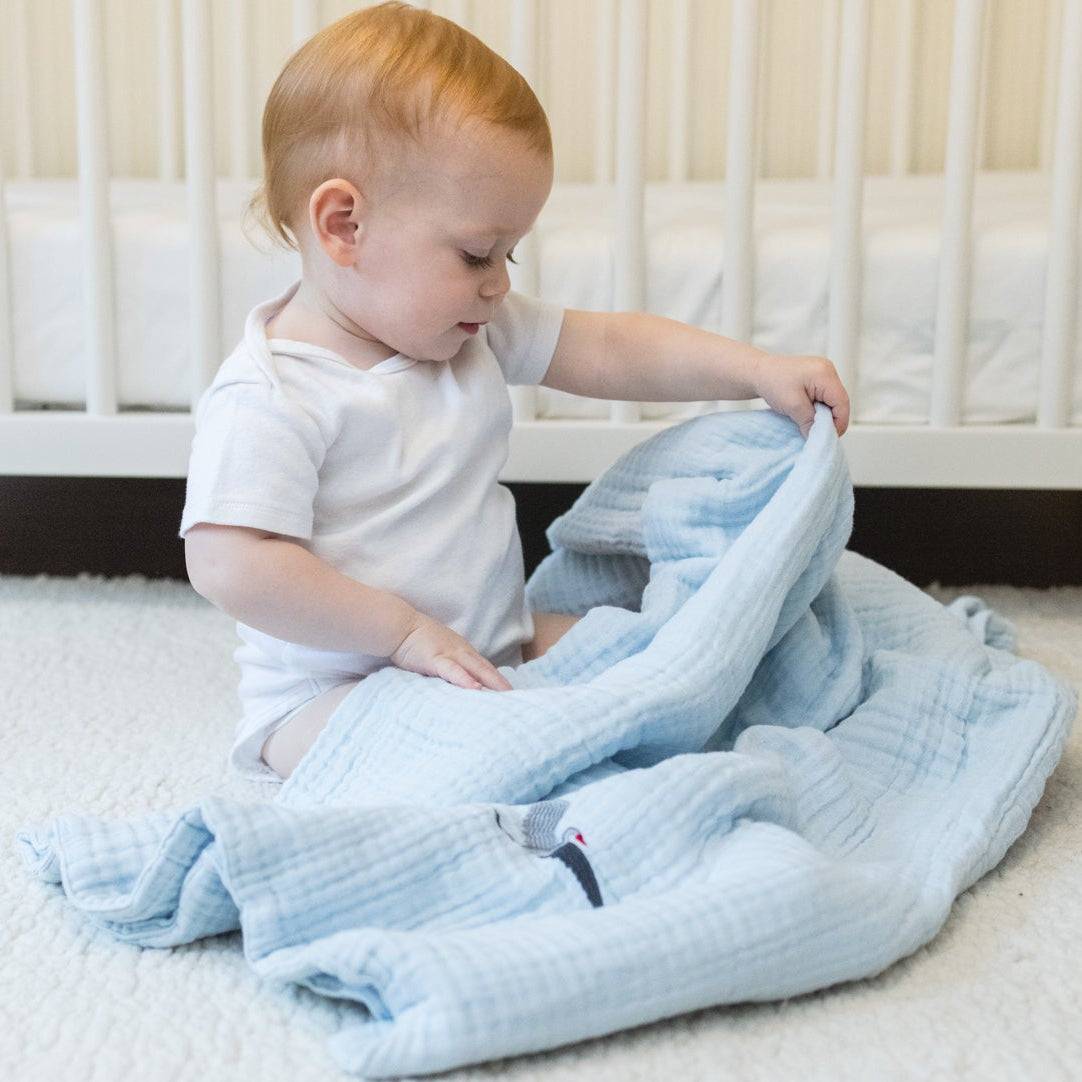 Organic Muslin All-Season Stork Blanket – Sky Blue 8 Layer Muslin Baby Blanket Gray Heron