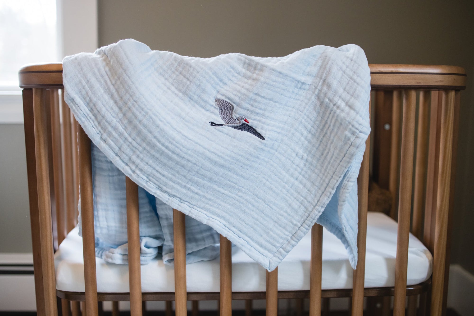 Summer-Weight Organic Muslin Mini Stork Blanket with Monogram Option - Gray Heron