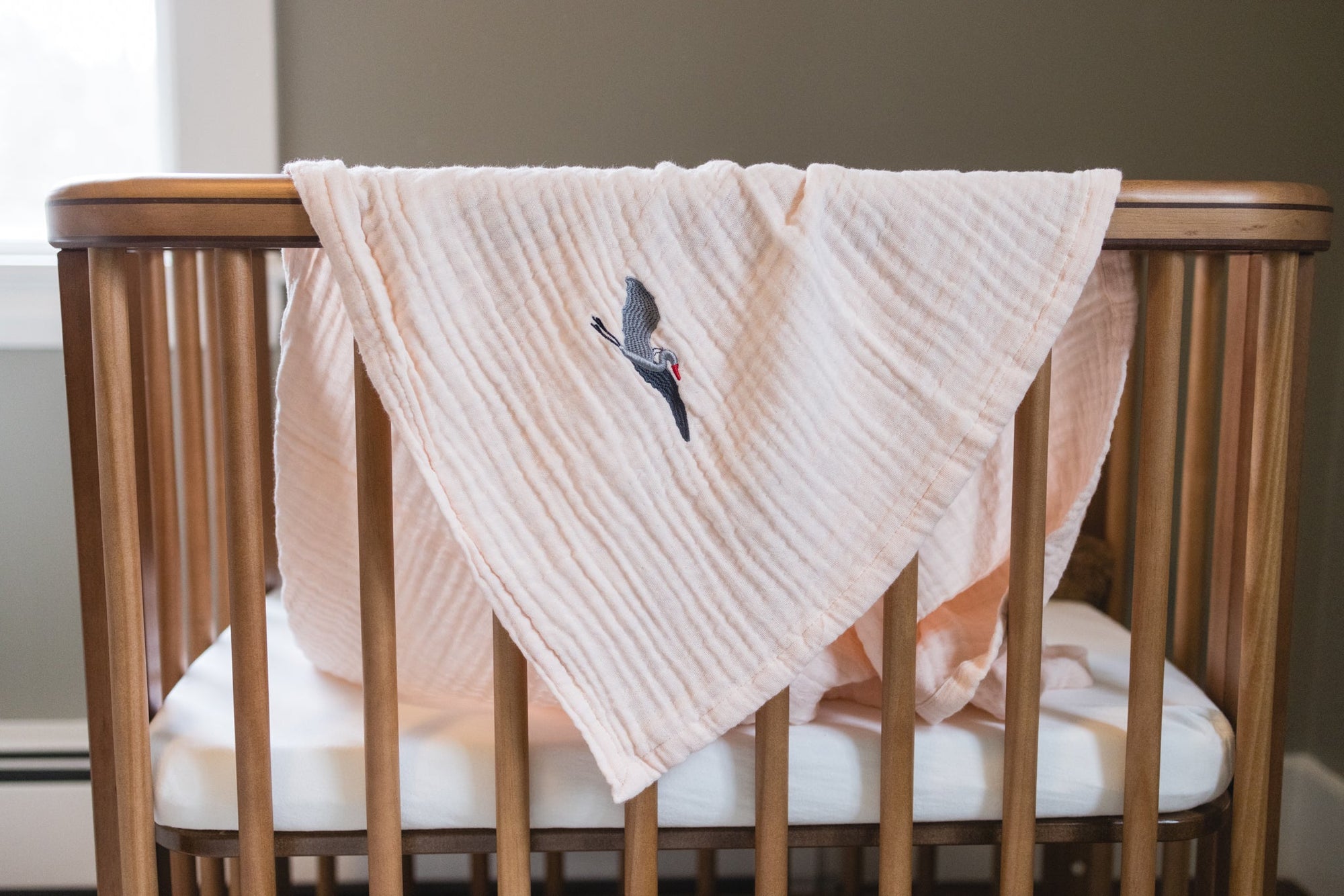 Summer-Weight Organic Muslin Mini Stork Blanket with Monogram Option - Gray Heron