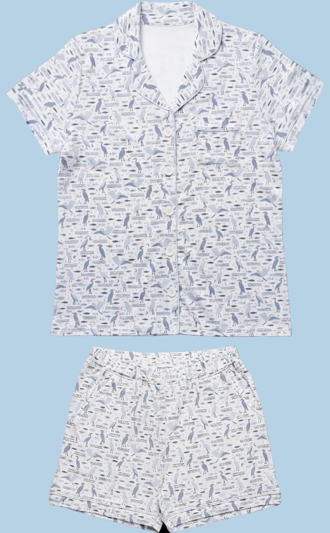 Organic Pima Cotton Shortie Pajamas - Happy Heron Print Gray Heron