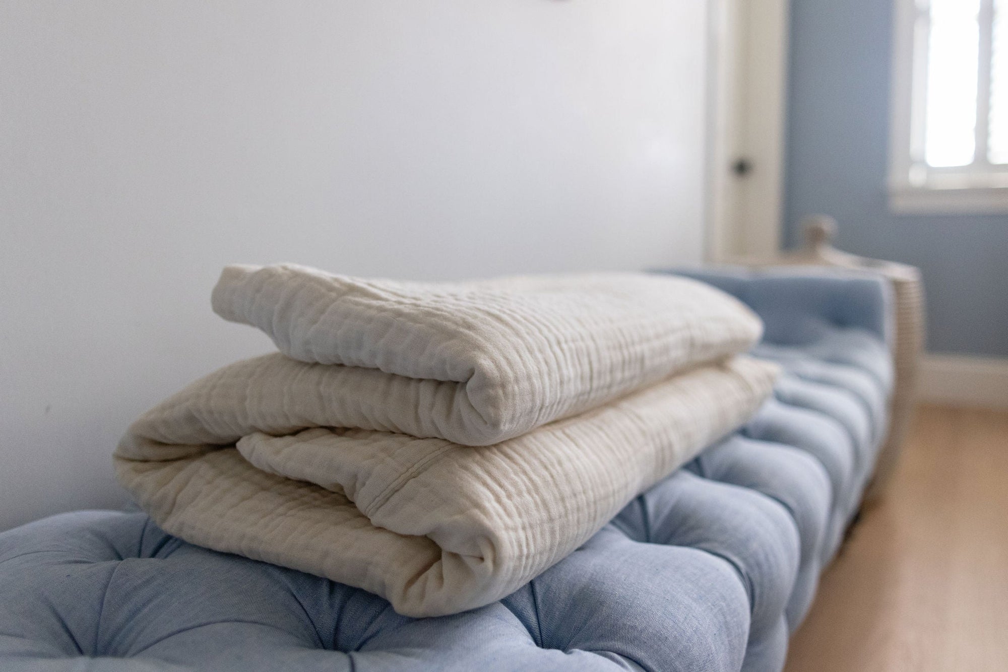 All-Season Organic Muslin Queen Blanket in No-Dye Natural Cream Gray Heron